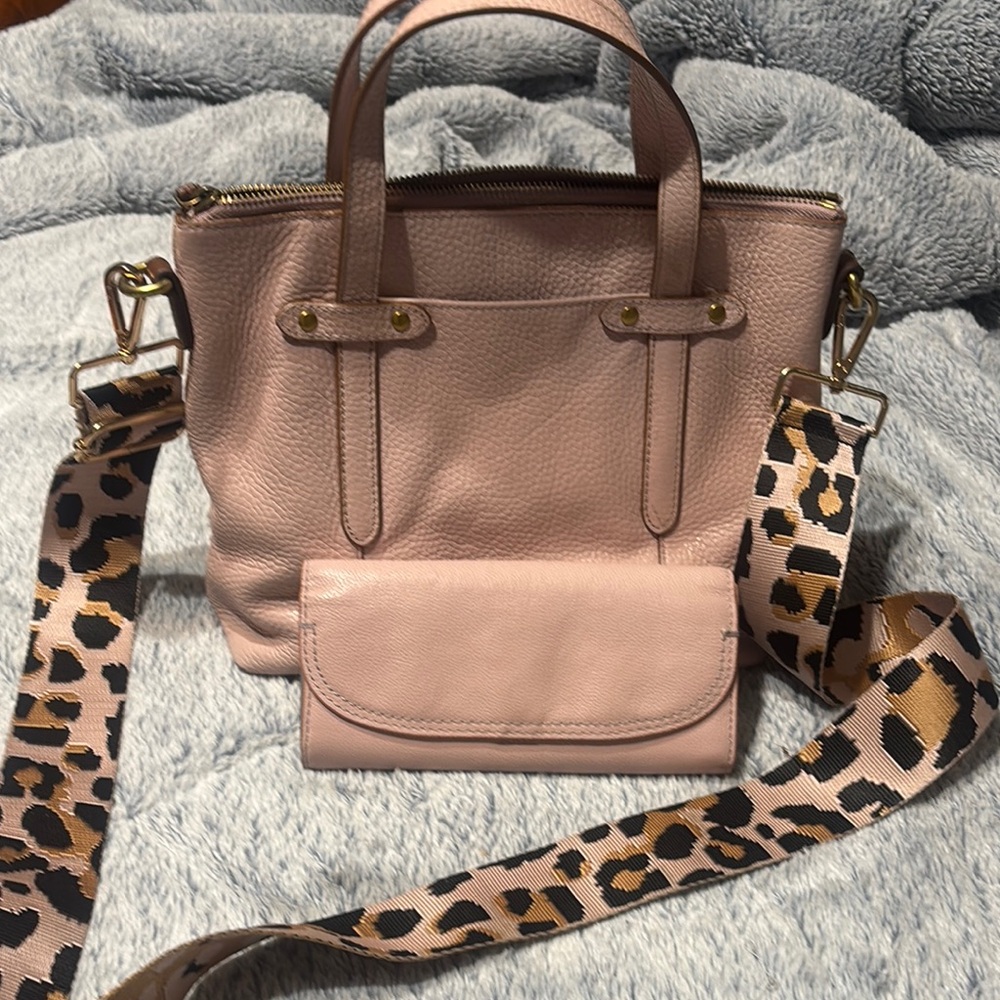 Fossil Pink and Brown Crossbody Bag with Leopard Strap with matching wallet!